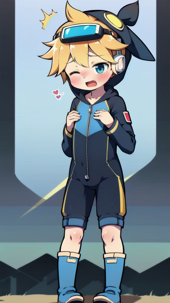 2D Boy Shota,One-piece mountaineering suit,Slim, healthy body,Put the headphones on your head,stand up,goggles,happy,Sailor collar,tie,Zipper pulled down,boots,hood,moan,blush