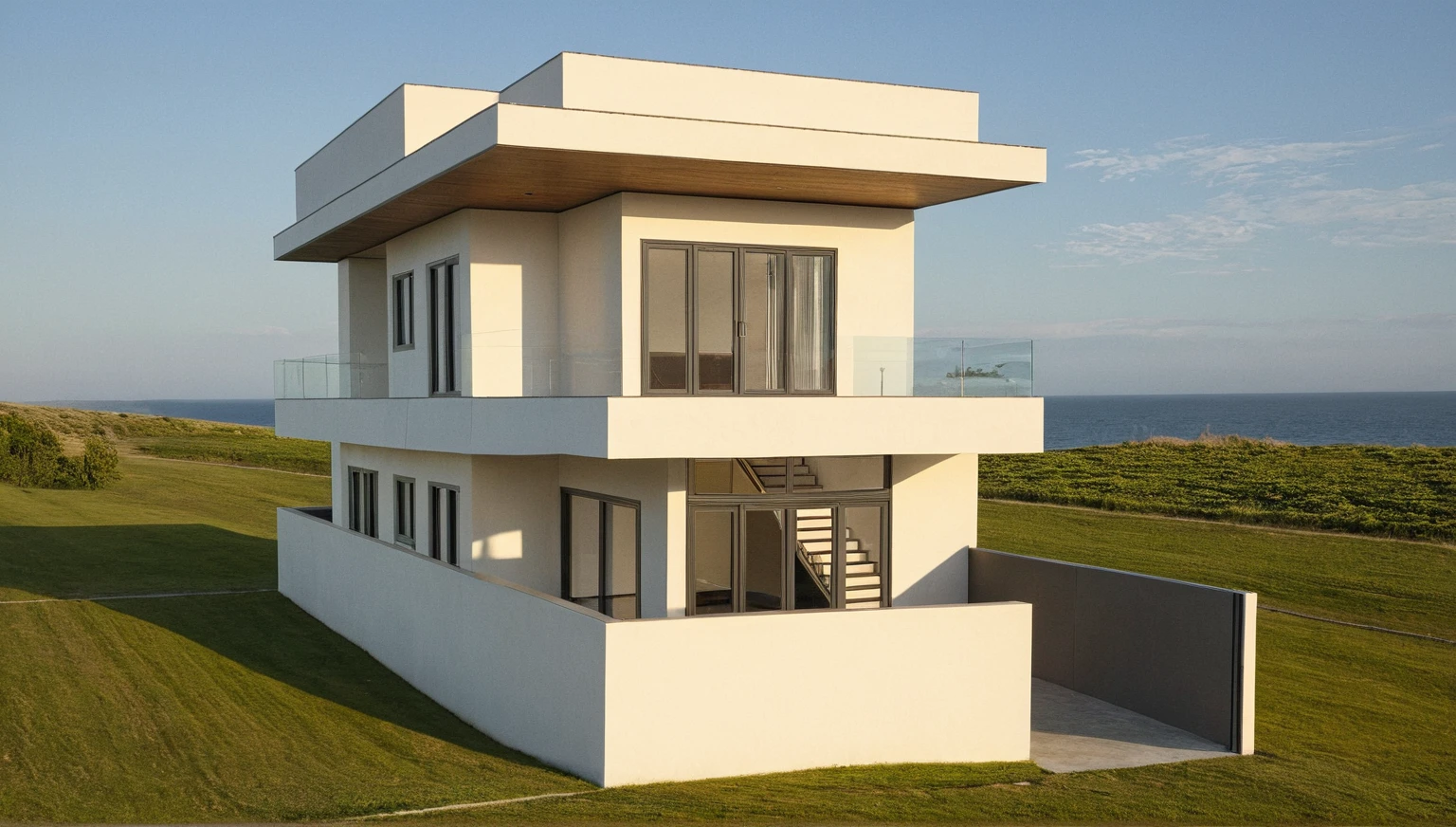 head of'artwork, High quality, best quality, authentique, great detail, En plein air, villa de plain-piedXL, credit group, style de maison moderne dans la rue ,stairs, white wall ,road,pavement, grass, trees, sky, nuvens, (day light:1.1)