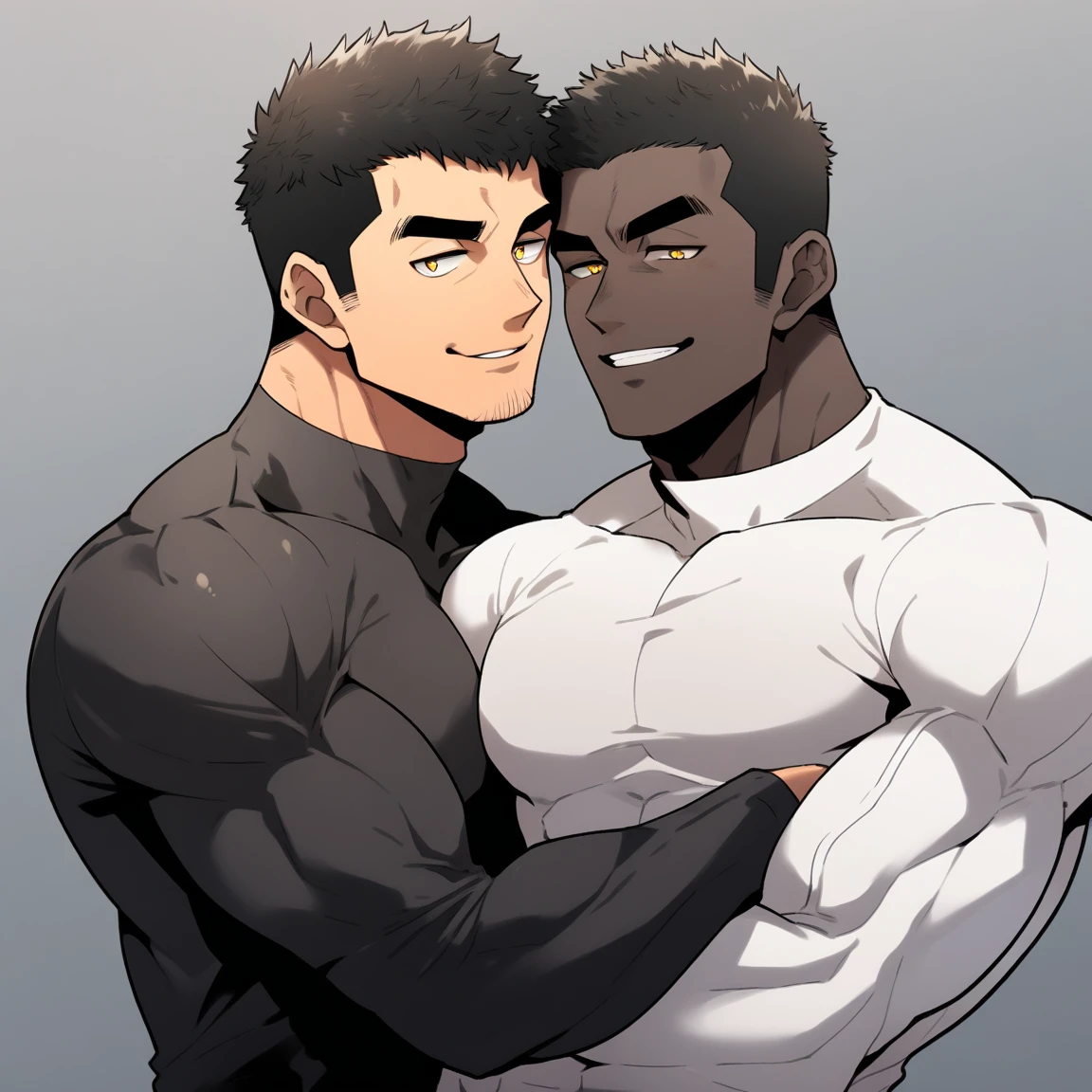 anime characters:Two superheroes in tights, Muscle superhero, negro black skin, They hugged and kissed each other, Bite your neck, Caress, Manliness, male focus, Yellow and black high collar long sleeve tight T-shirt, Slightly transparent material, Very tight, Round, full and perky chest muscles, Muscle waist, Slightly transparent, muscular male, muscular, only, Upper body, alone, Black short hair, Thick eyebrows, stubble, Yellow eyes, Grey background, simple background, amazing quality, best aesthetics, Ridiculous, bright pupils, crew cut, parted lips, seductive smile, torogao, naughty face, drop shadow, best quality