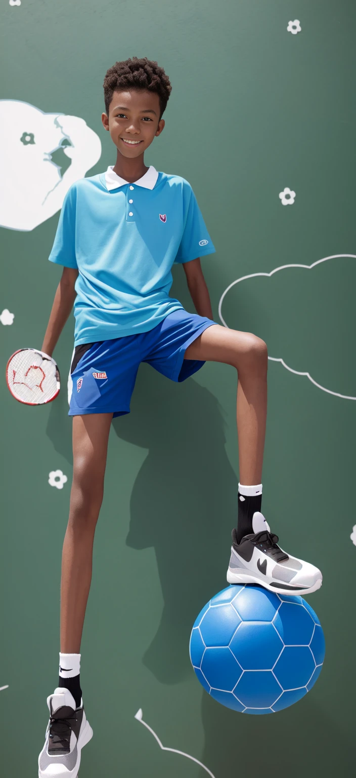 14 year old boy,(Wearing white tennis clothes,Wearing green socks),Dark skin,Big round eyes,Very short hair,Tall and skinny,Toothy Smile,Sharpen details,Knee muscle lines,Blue Background