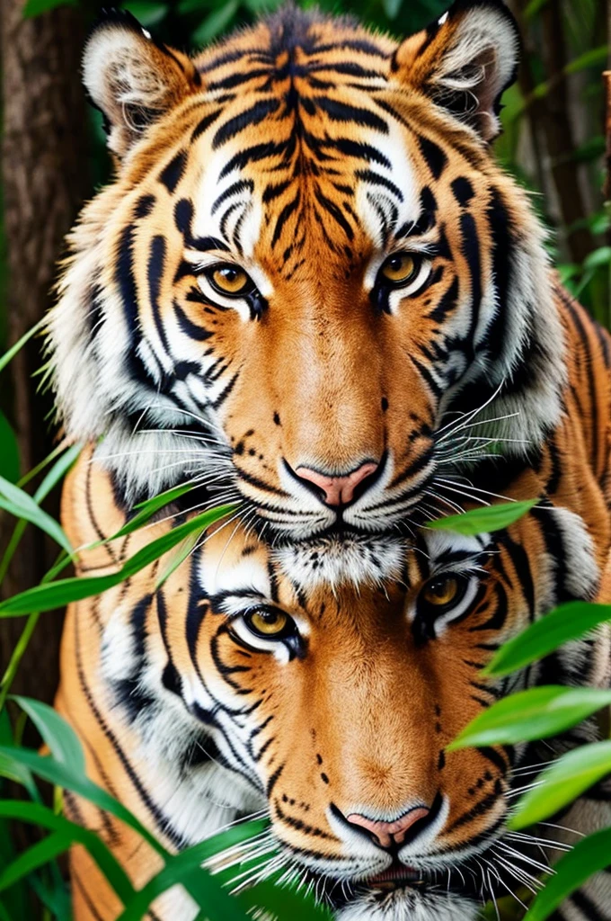 Please draw the following illustrations: Tiger, Gorilla,２The background of the animal is a forest. The image is colorful and high-quality, like a photograph.