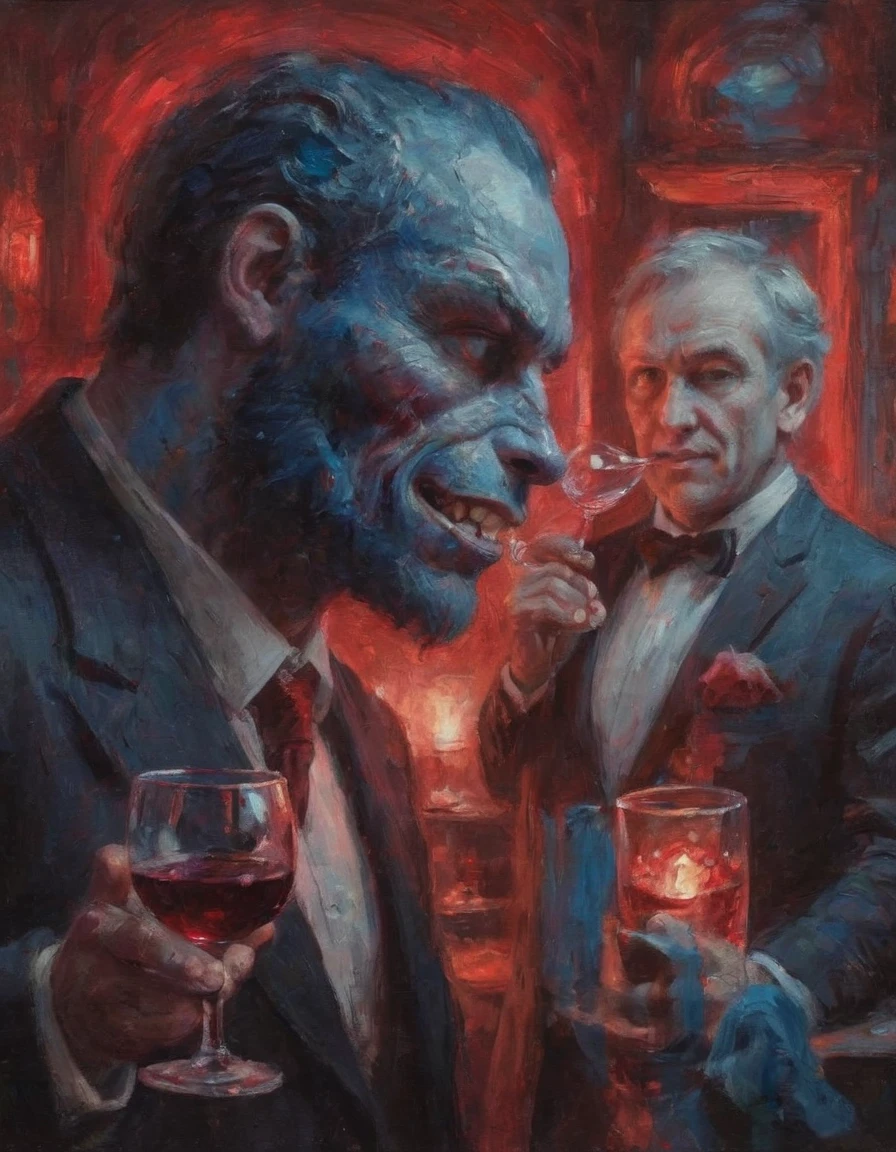 Red and blue lights intersect with each other, a gentleman with a monster face drinks red wine elegantly, the gentleman's face is digitally blurred, glitch art,