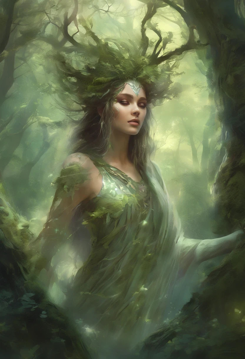 (best quality,4k,8k,highres,masterpiece:1.2),ultra-detailed,(realistic,photorealistic,photo-realistic:1.37),forest,captivating female Dryad creature,enchanted ethereal landscape,lush vegetation,majestic ancient trees,magical sunlight streaming through the branches,soft glowing moss covering the ground,faint transparent wings,delicate flowers blooming around her,fascinating eyes that emit a gentle glow,serene expression,graceful pose,artistic interpretation,subtle color palette,mystical atmosphere,playful and whimsical elements,mesmerizing presence,harmonious blending of the Dryad with her surroundings,immersive fantasy feeling,natural and realistic lighting