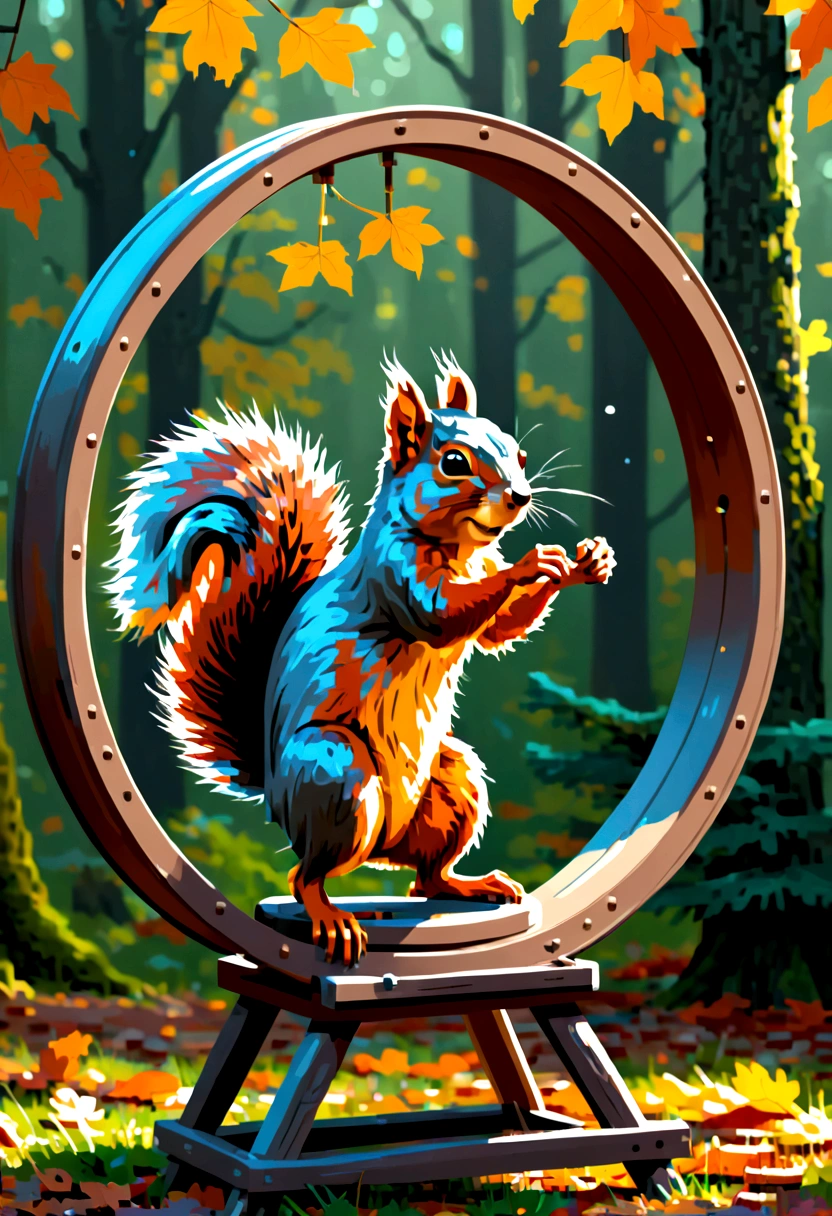 masterpiece, squirrel spinning in a wheel, digital painting, 8K, octane ink, digital art, 8K resolution, 4K resolution, aesthetics". Fairytale illustration of a squirrel running in a wheel