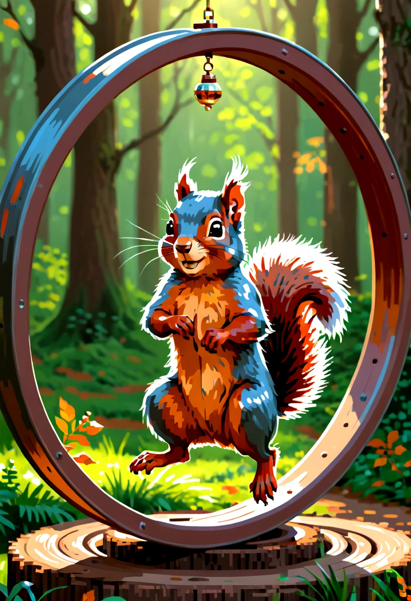 masterpiece, squirrel spinning in a wheel, digital painting, 8K, octane ink, digital art, 8K resolution, 4K resolution, aesthetics". Fairytale illustration of a squirrel running in a wheel