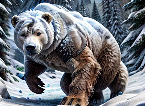  A humanoid polar bear is hunting its food . In the scenario there are immense frozen mountains. The soil and frozen environment, snow covered, icy storm , urso polar pelugem branco  🐻‍❄️ 🤍