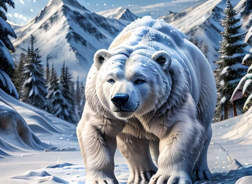  A humanoid polar bear is hunting its food . In the scenario there are immense frozen mountains. The soil and frozen environment, snow covered, icy storm , urso polar pelugem branco  🐻‍❄️ 🤍