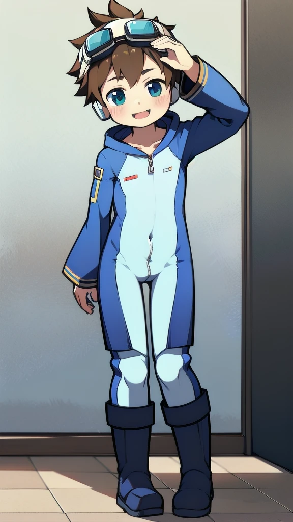 2D Boy Shota，One-piece mountaineering suit，Slim, healthy body，Put the headphones on your head，stand up，goggles，happy，Sailor collar，tie，Zipper pulled down，boots，hood，strap
