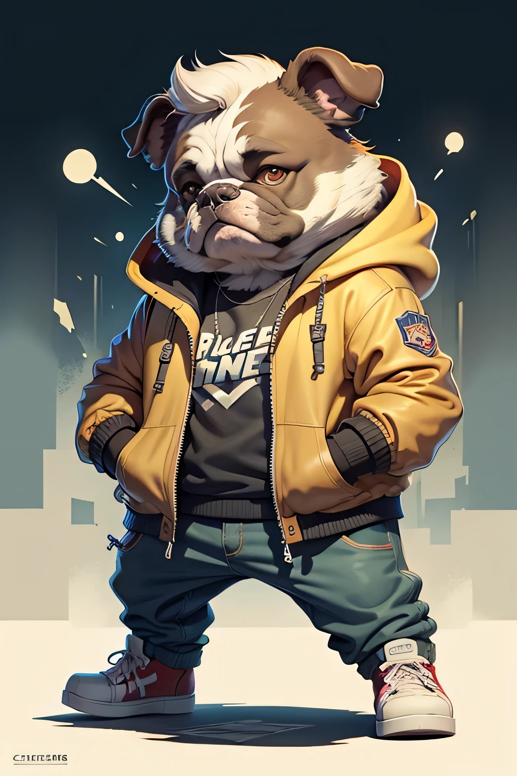 C4tt4stic, Cartoon bulldog in jacket and skateboard、Playing baskets