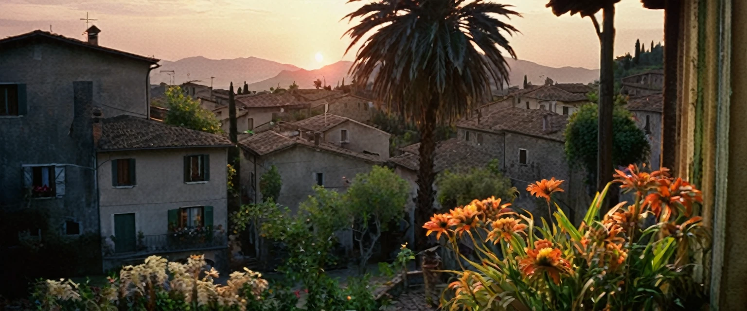 og style Portrait taken from an Italian porch, looking into the center of an Italian village at sunset, grain, sunrays, flowers, plants, palm trees The atmosphere is charged with anguish, fear and a sense of impending dread. This image is a disturbing dive into the darkest depths of horror.