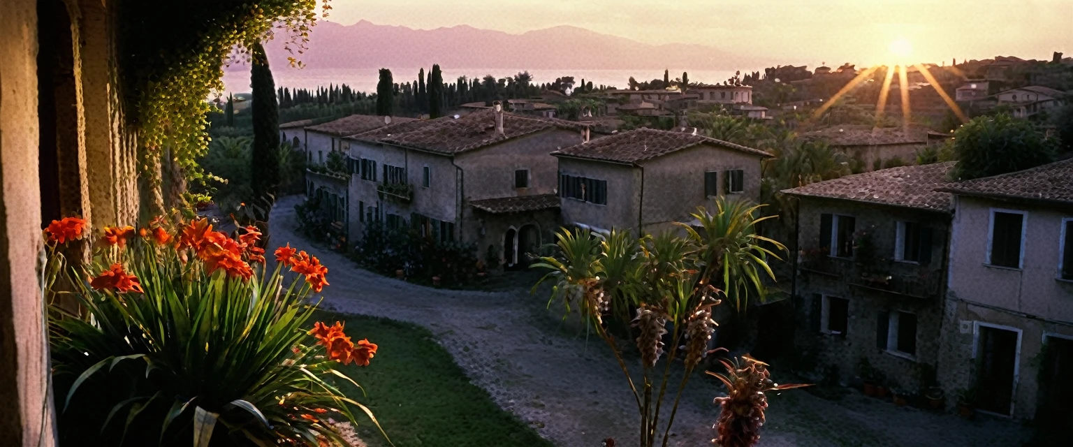 Analog style Portrait taken from an Italian porch, looking into the center of an Italian village at sunset, grain, sunrays, flowers, plants, palm trees The atmosphere is charged with anguish, fear and a sense of impending dread. This image is a disturbing dive into the darkest depths of horror.