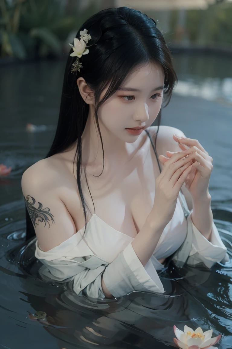 Realistic 16K resolution photography of  chinese girl, Exquisitely perfect symmetric very gorgeous face, Exquisite delicate crystal clear skin, Detailed beautiful delicate eyes, perfect slim body shape, slender and beautiful fingers, nice hands, perfect hands, illuminated by film grain, realistic skin, dramatic lighting, soft lighting, exaggerated perspective of ((Wide-angle lens depth)), a vibrant koi fish pond with colorful koi swimming gracefully. Use traditional Japanese oil paint techniques, highlighting the fluid motion of the fish and the ripples in the water, with lotus flowers and lily pads adding to the scene. ,tattoo,in the style of arrebola,tattoos,artistic oil painting stick,oil paint ,rough,Circle,Oil painting of Mona Lisa