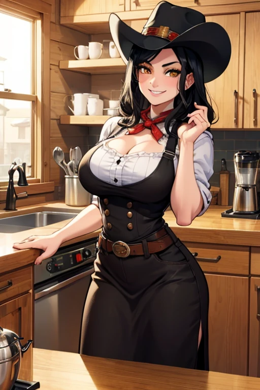 perfect face, perfect hands. A black haired female cowgirl with orange eyes in a conservative cowgirl outfit is making coffee in a kitchen in a wild west town with a big smile. 