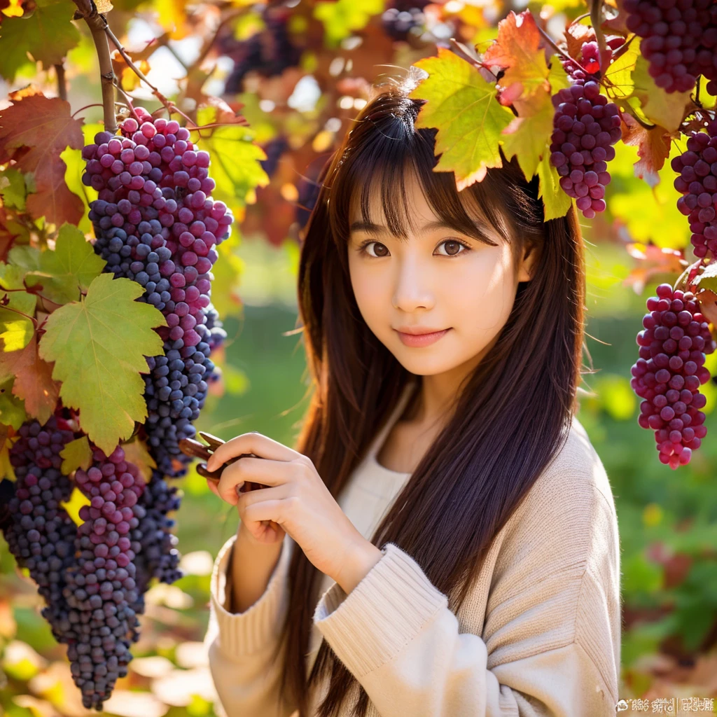 during autumn, an Asian girl is busy harvesting grapes in the garden, many vines grow there, surrounded by grapes, glowing skin, sunlight exposure, natural light, warm, vibrant, very detailed, extreme detail description, best quality, Ultra HD 8k