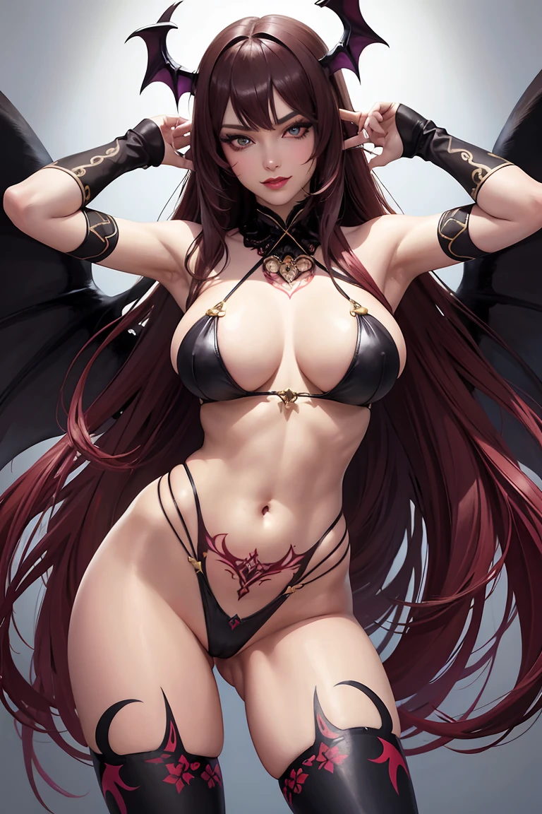 masterpiece,best quality,1girl,Fractal Art,realistic art style,cowboy_shot,body painting,very long hair,glamor,makeup,eyeshadow,lipstick,red_lips_,bright_pupils,seductive_smile,(stirrup_legwear),full body tattoo,tattoo,heart-shaped_pupils,navel,(succubus),(wariza),shore flower,Cleavage,(Bow body)