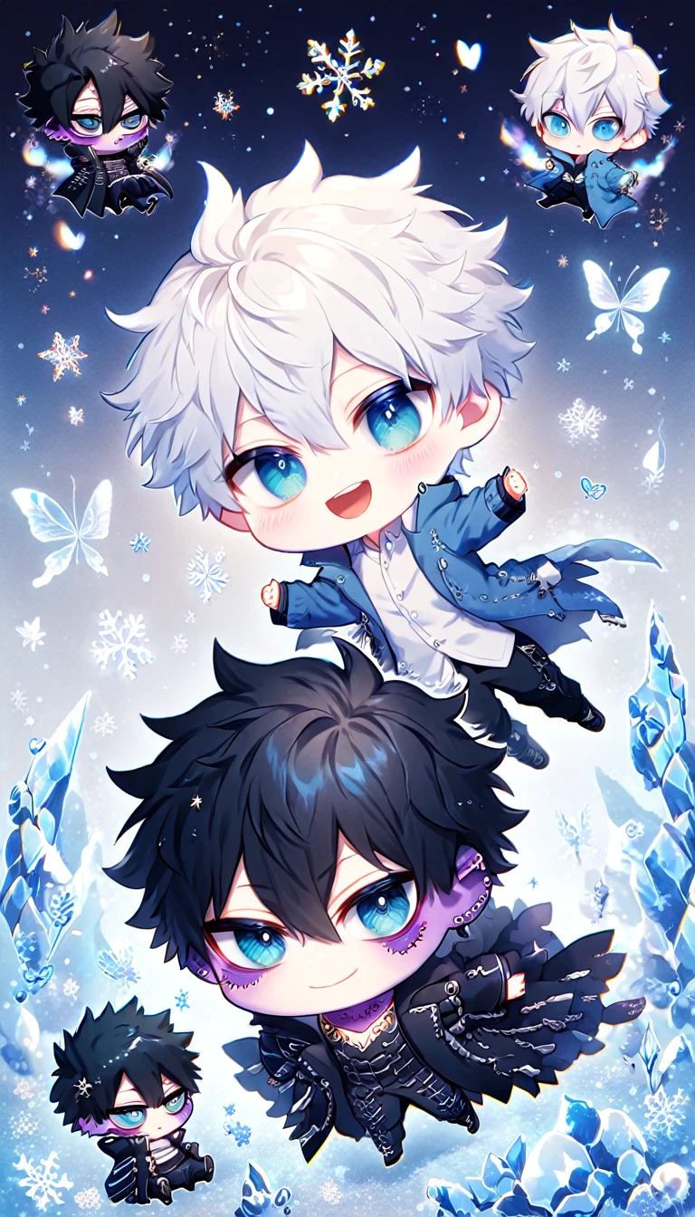 absurdres, highres, ultra detailed, HDR, master piece, best quality, extremely detailed face, delicated features, Dabi chibi, black hair, expressive turquoise eyes, Boku No Hero Academia, Gojou Satoru chibi, white hair, expressive blue eyes, white eyelashes, two boys together, yaoi, gay couple, cute, smiling, blue jacket with fur, black coat, fantasy, magical, ice, blue fire, ice butterflies, snowflakes, starry night