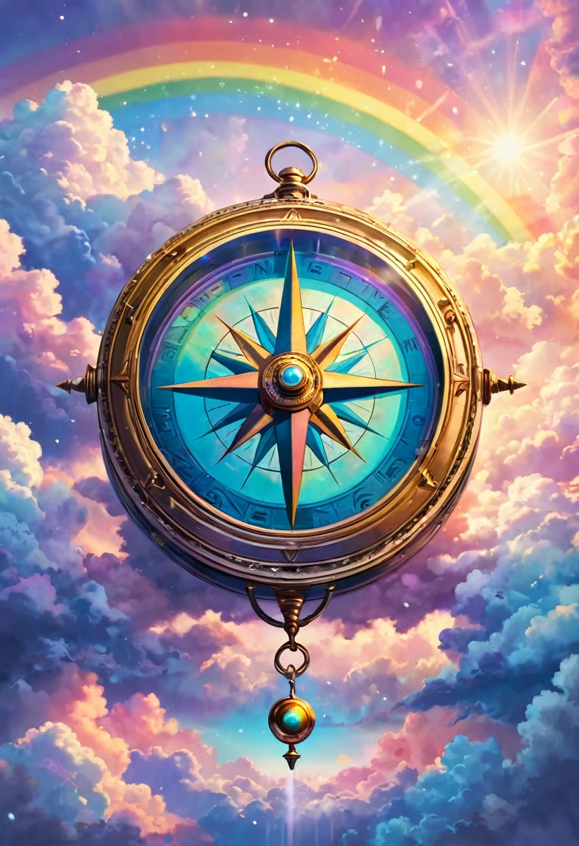 Big compass in rainbow pastel colors, floating in the clouds, mysterious, glowing, perfect lighting