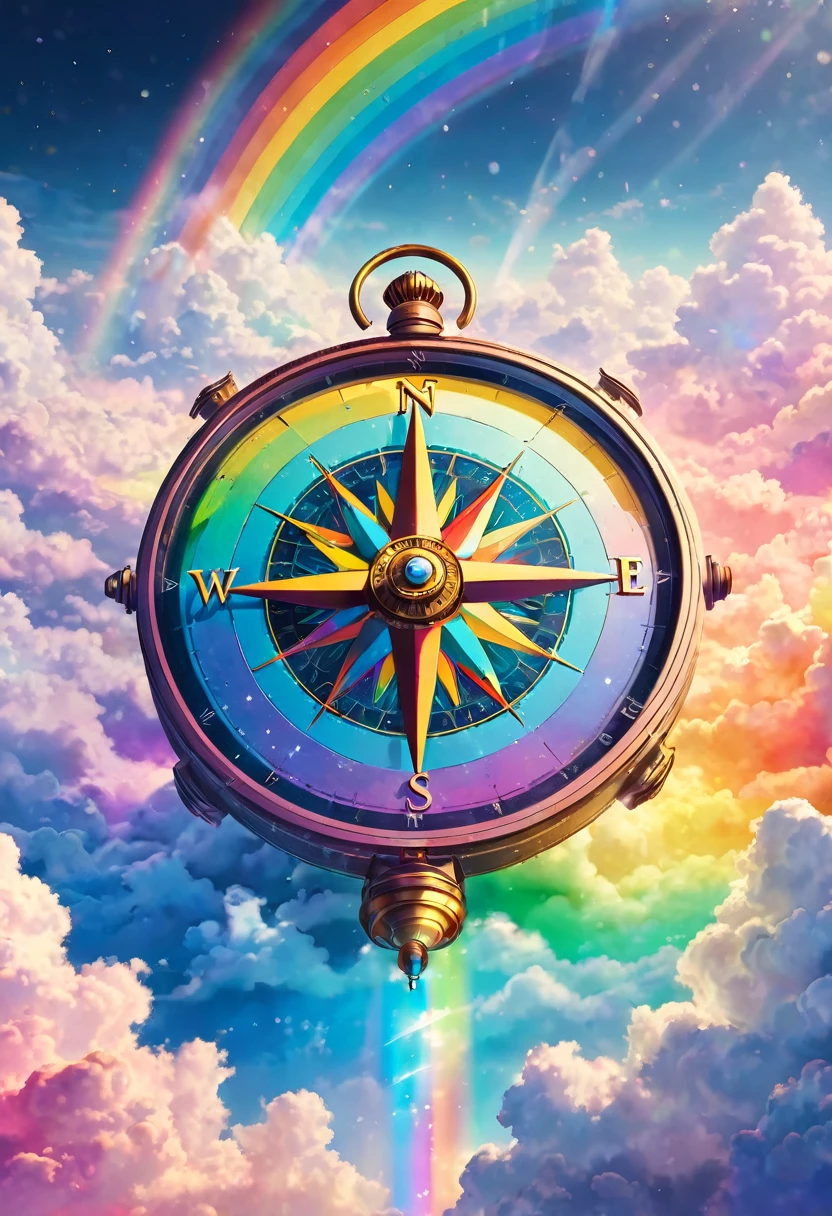 Big compass in rainbow pastel colors, floating in the clouds, mysterious, glowing, perfect lighting