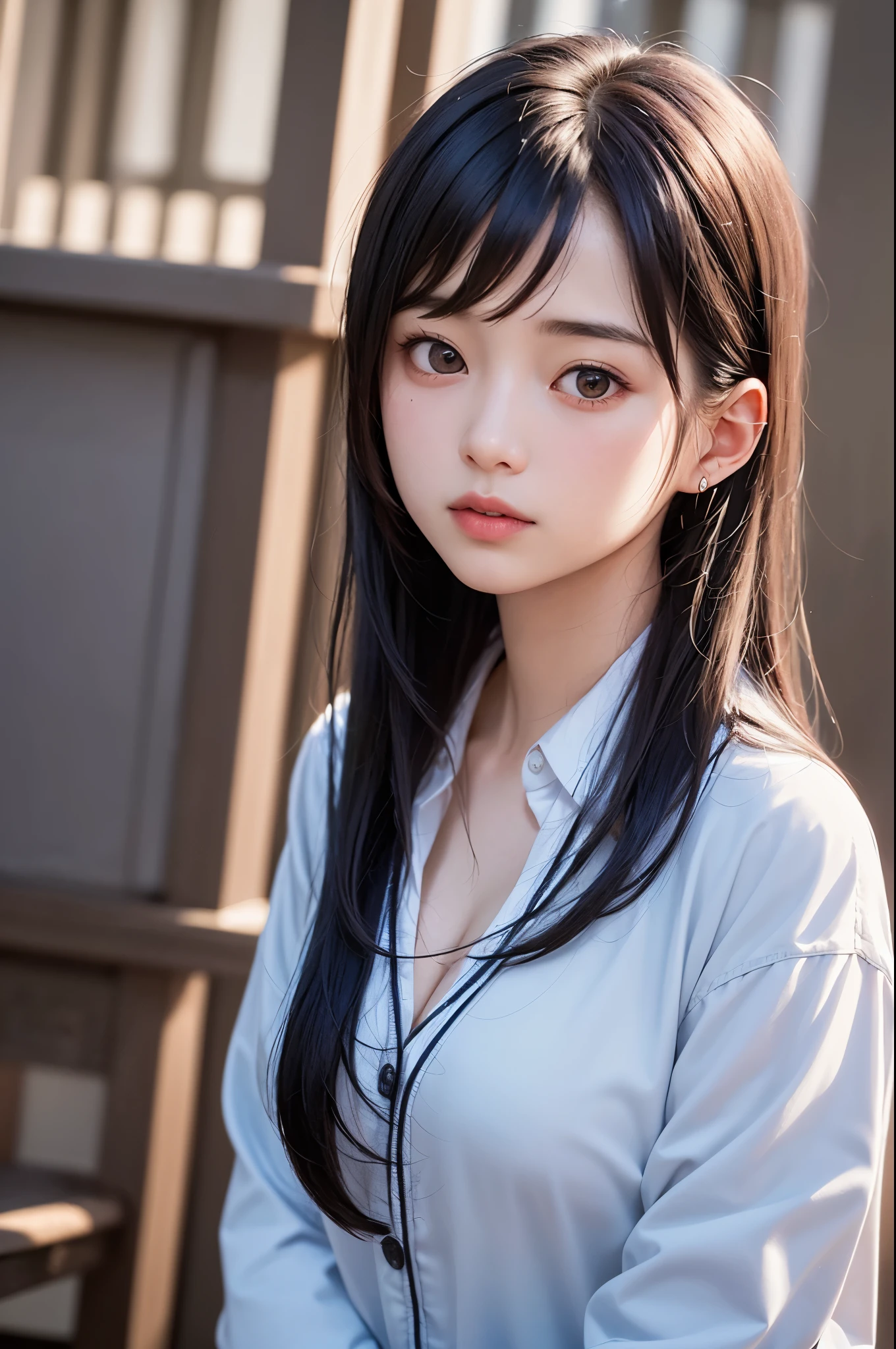 (1 nogizaka girl,15years old face,raw photo,photo realistic:1.5),(best quality, high quality,HDR, highest quality,ultra high resolution,high resolution,high res,ultra high difinition,huge file size,8K,2K wallpaper,8K wallpaper,high quality texture,amazing,an extremely delicate:1.4),one girl, Japanese famous idol,cute face,small face,absurd,ridiculous,incredibly ridiculous,blurry background,(school uniform,short hair,cleavage,no makeup:1.2),medium skin,beautiful skin,detailed skin,black hair,silky hair,black eyes,Japanese nose,5-fingers,(Light Particles, Lens Flare, Luminous Particles: 0.7),looking at viewer,bright lighting,professional lighting,girl