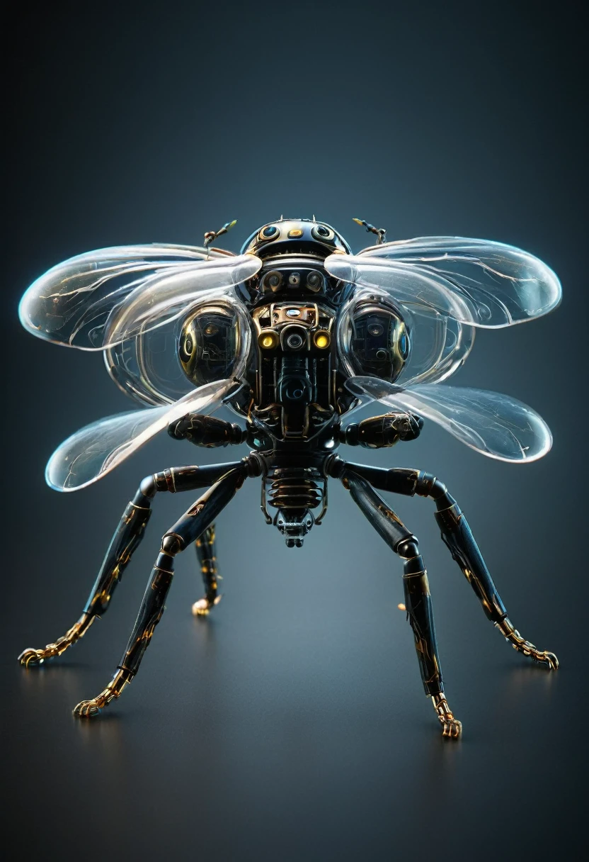 The portrait of a young electronic mechanical insect android flying in the dark and showing its circuits and gears through its transparent plastic skin.