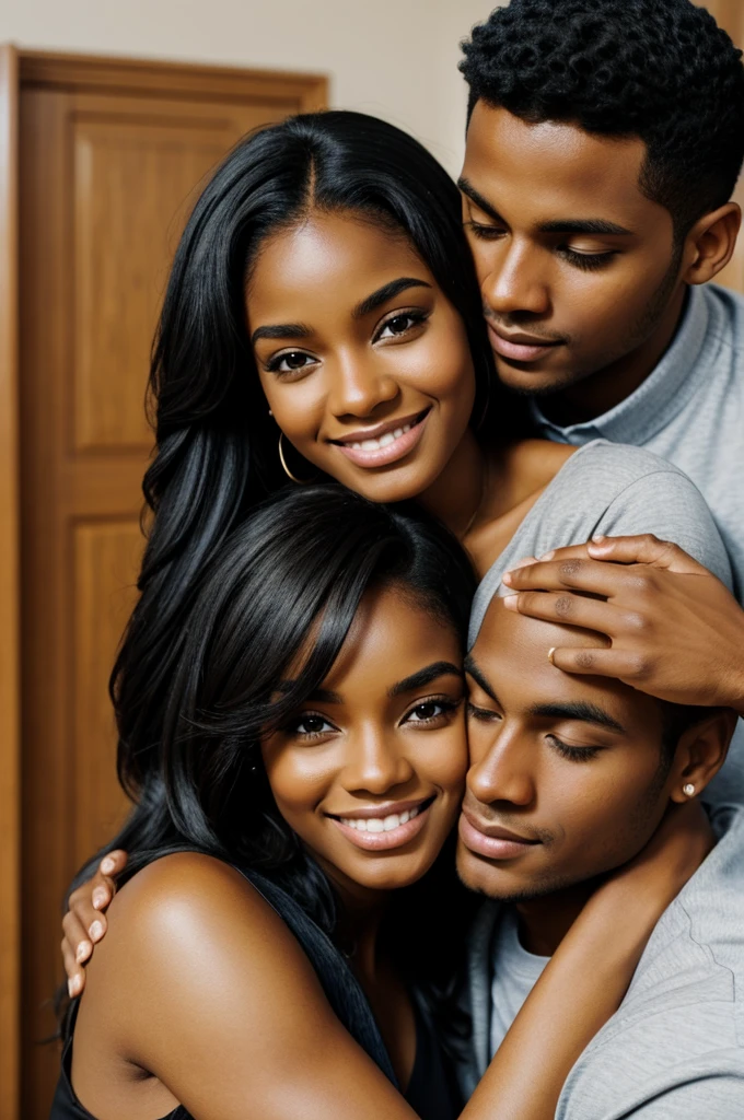 black hair woman, BROWN SKIN, hugging a blonde boy