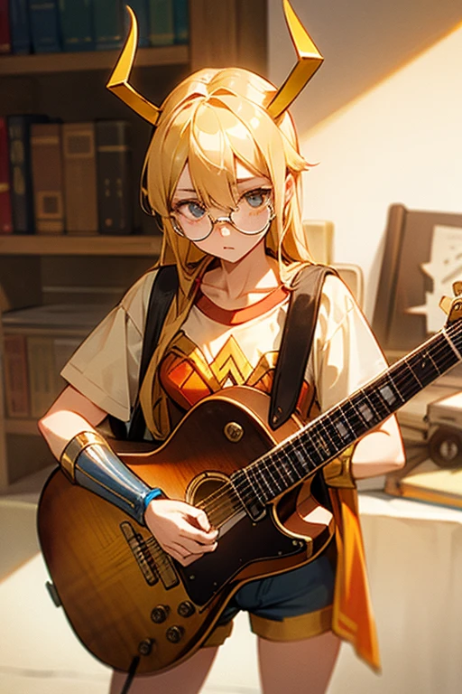 blond hair,linen glasses,golden horns,sublime shirt,wonder woman shorts,book in head,guitar behind