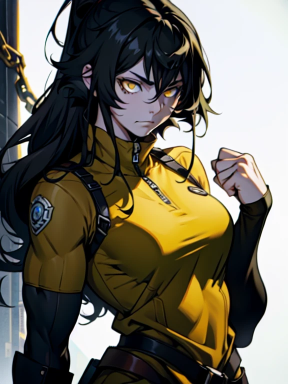 sad girl muscular muscular muscular breasts breasts breasts thick thick thick thick black hair yellow eyes pale skin pale skin thick thick thick long sleeve dark atmosphere thick thick thick thick thick thick muscular simple background sad sad sad sad tigth shirt