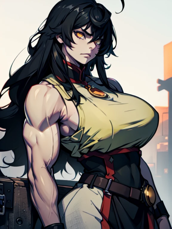sad pale muscular girl massive breasts hair black hair yellow eyes extremely long hair sad