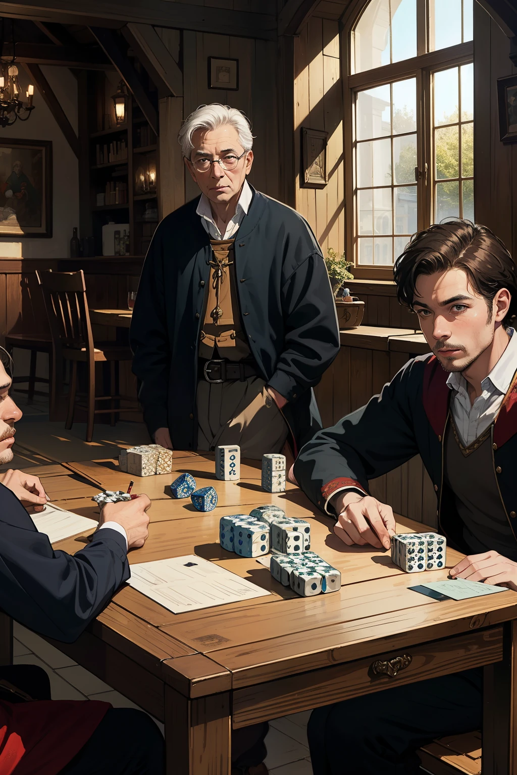 ((Best Quality)), ((Masterpiece)), (detailed), 2 men, (Medieval tunics), playing with dice, small square table, in an inn, (d&d), 6-faced dice, ((6 dice))