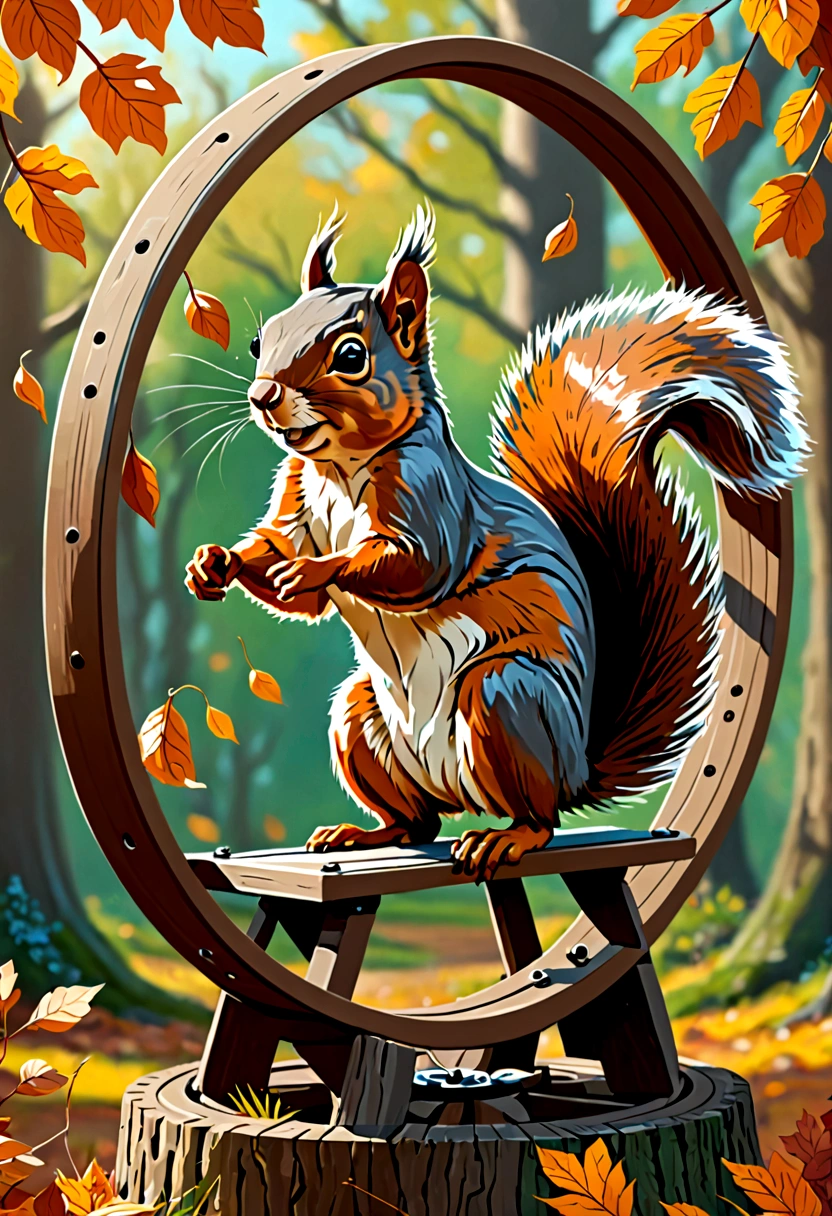 masterpiece, squirrel spinning in a wheel, digital painting, 8K, octane ink, digital art, 8K resolution, 4K resolution, aesthetics". Fairytale illustration of a squirrel running in a wheel