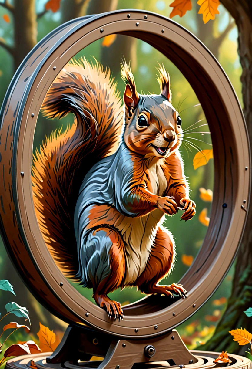 masterpiece, squirrel spinning in a wheel, digital painting, 8K, octane ink, digital art, 8K resolution, 4K resolution, aesthetics". Fairytale illustration of a squirrel running in a wheel