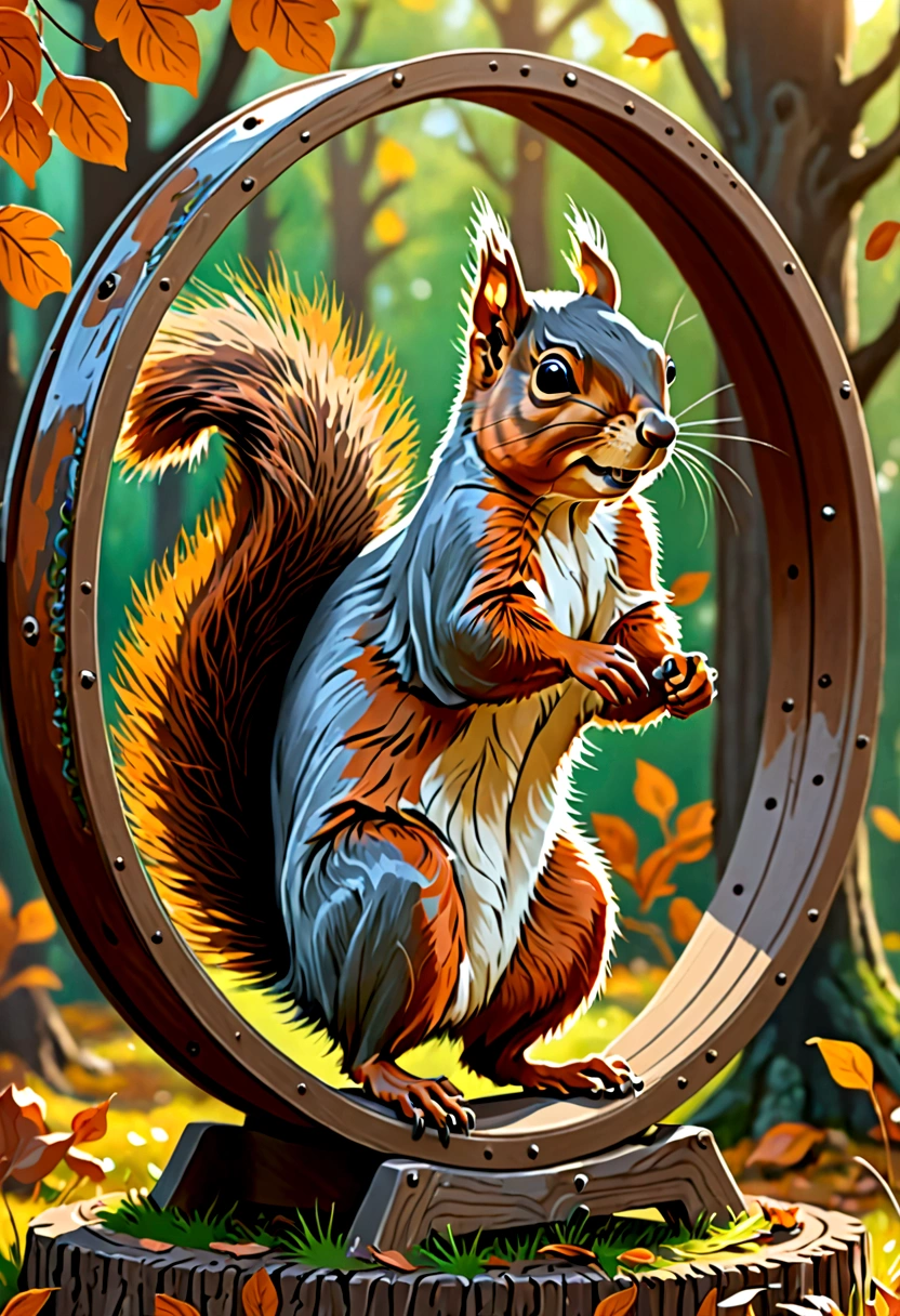 masterpiece, squirrel spinning in a wheel, digital painting, 8K, octane ink, digital art, 8K resolution, 4K resolution, aesthetics". Fairytale illustration of a squirrel running in a wheel