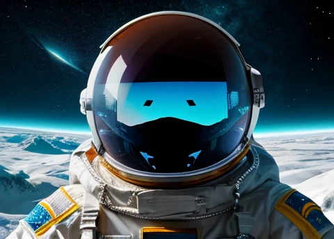 Astronaut looking scared at the spectator, transparent space helmet visor, In the scenario there are immense frozen mountains. The soil and frozen environment, snow covered, icy storm