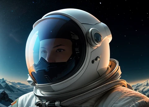 Astronaut looking scared at the spectator, transparent space helmet visor, In the scenario there are immense frozen mountains. The soil and frozen environment, snow covered, icy storm