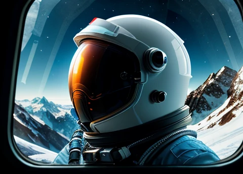 Astronaut looking scared at the spectator, transparent space helmet visor, In the scenario there are immense frozen mountains. The soil and frozen environment, snow covered, icy storm
