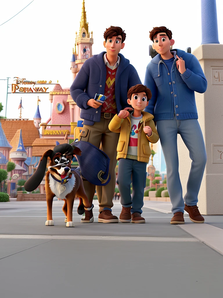 A man, a boy and a woman in Disney Pixar style, high quality, Best Quality, Dog