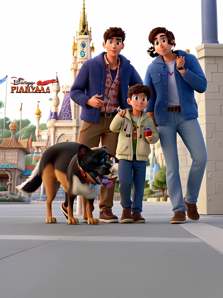 A man, a boy and a woman in Disney Pixar style, high quality, Best Quality, Dog
