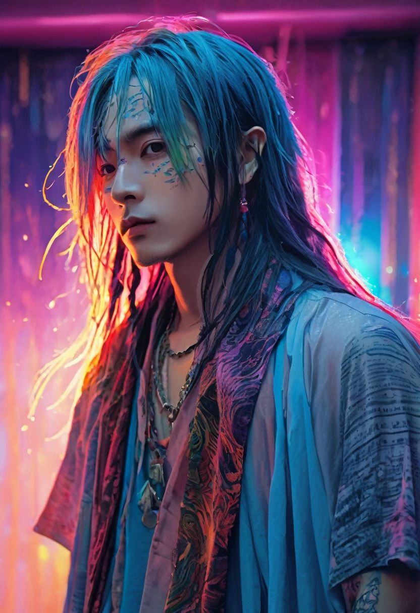 An ethereal sultryseductivedemonic 20 year old anime male druid with metallic long hair and tattoos, delicate masterpiece intimate glowing neon tattoos, anime druid demon male hellscape at night, manga inspired by Masashi Wakui, rainbow color palette, atmospheric fog, decay, worn textures, rain-soaked fantasy village, manga-style illustration --s 150 --ar 1:2 --c 5 Removed From Image