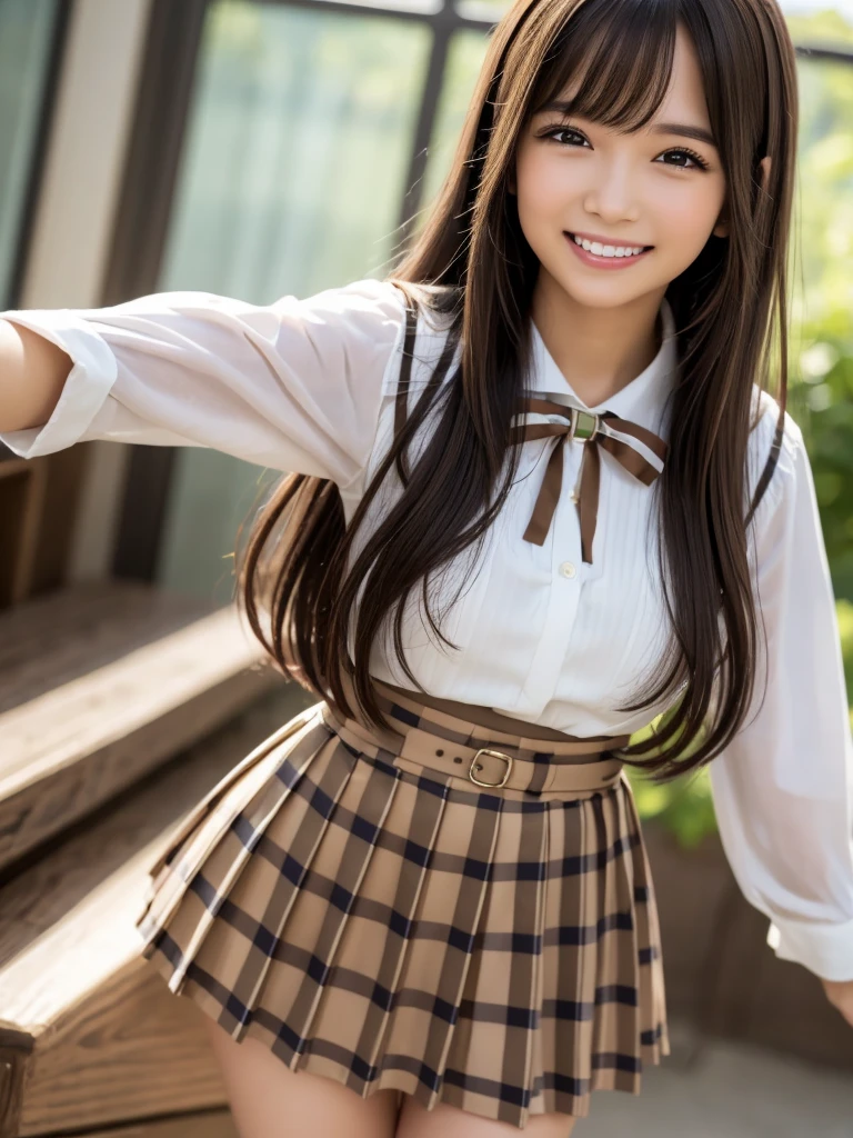 (highest quality, 4k, 8K, High resolution, Tabletop:1.2), Full Body Shot. Super detailed, Realistic:1.37, Light brown hair, Semi-long hair, Asymmetrical bangs, Mature Woman, high school girl, Sailor suit, Green and brown checkered micro mini pleated skirt, Super super slender body, Shy and cute face, A very happy smile