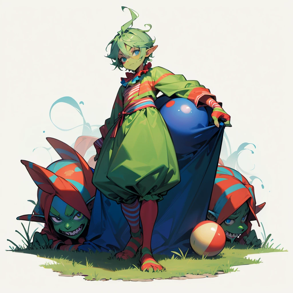 (Random Evolution, Circus clown mixed with Goblins), full body version, (green colour skin), (blue eyes), ball, (Grassroots), no background, (boy)