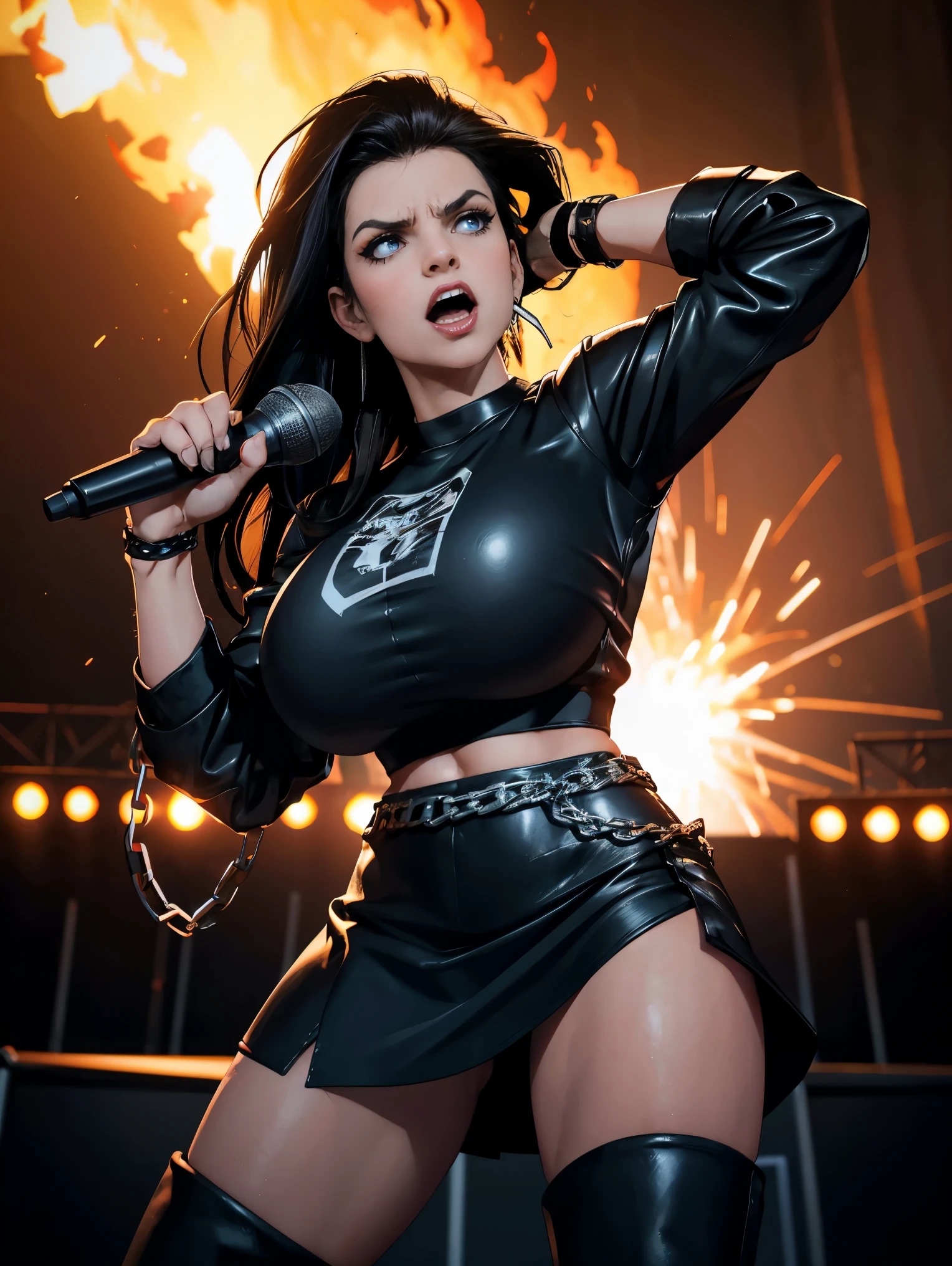 Extremely busty thin and toned brunette death metal singer, college girl, fair skin, big hair, hair pulled back, soft face, athletic, heavy makeup, piercings, black leather, studs, TIGHT BLACK TOP, boots, fingerless gloves, tight skirt, chains. standing on a stage, pyrotechnics, holding a microphone, metal concert. (microphone, fist in the sky), angry, rage, screaming. Heavy metal. Death metal. Explosions, fire.