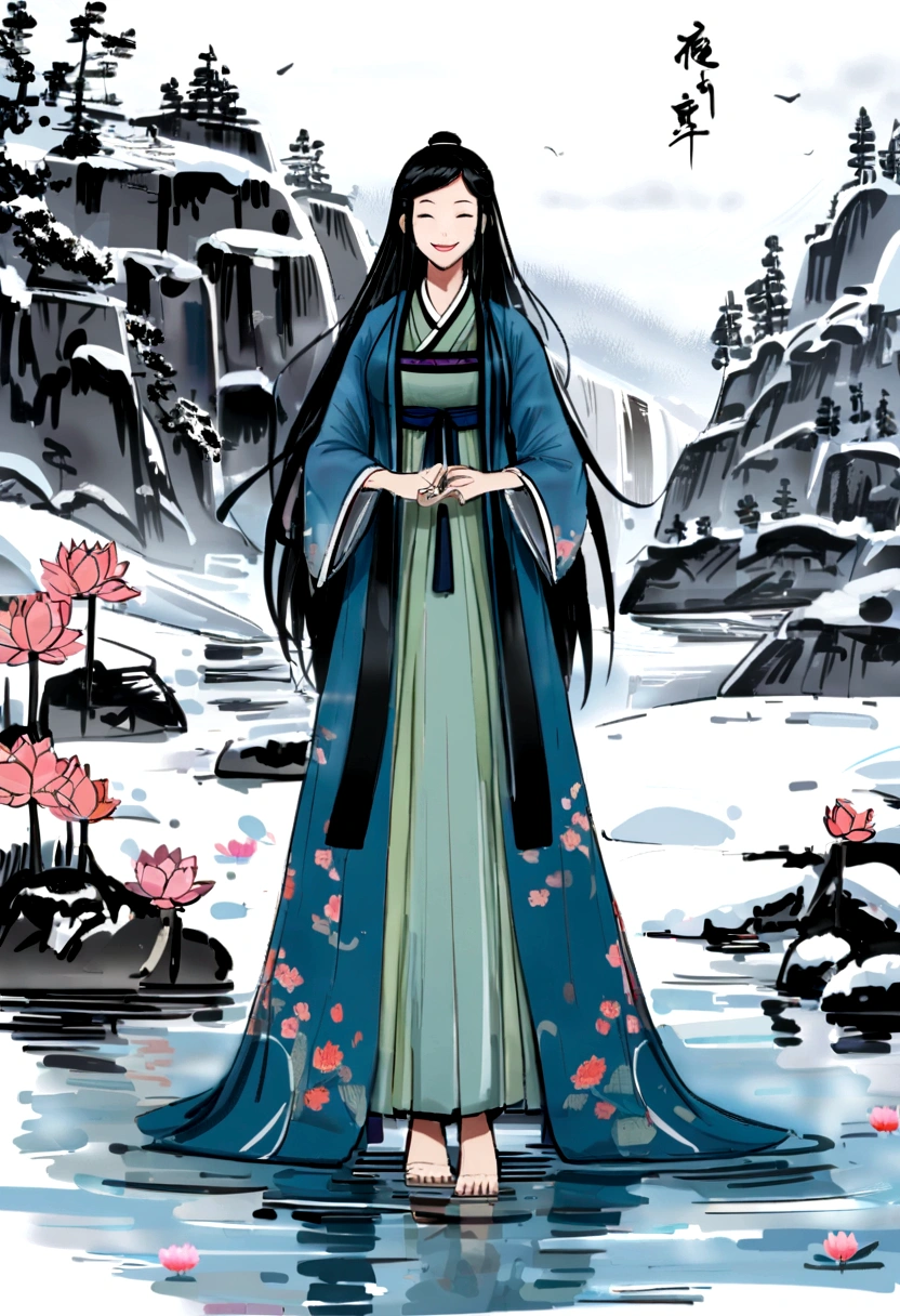 Chinese painting, lotus, hanfu, maxiskit, dress conservatively 1girl, solo, long hair, smile, standing, feet in the water, barefoot, snow in background