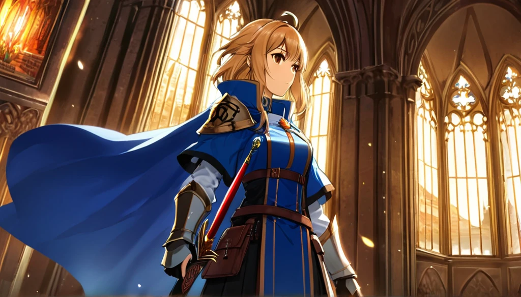 ((Anime Infinite Stratos Art)), The theme is action. It's daytime, 3pm. The setting is the interior of a large medieval castle, European style, very detailed, there is a battle of knights taking place outside the castle. The focus of the scene is a Holy Knight, Agrias from Final Fantasy Tactics, short stature, long bright blonde hair, beautiful brown eyes, wonderful, imposing face, carrying in her left hand by the handle a great legendary sword inspired by Final Fantasy, wearing armor heavy with blue robe and Lionsguard crest inspired by Final Fantasy Tactics, imposing and serious demeanor. The atmosphere is action and fantasy.