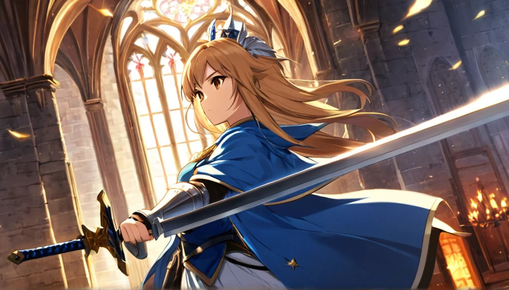 ((Anime Infinite Stratos Art)), The theme is action.  It's daytime, 3pm.  The setting is the interior of a large medieval castle, European style, very detailed, there is a battle of knights taking place outside the castle.  The focus of the scene is a Holy Knight, Agrias from Final Fantasy Tactics, short stature, long bright blonde hair, beautiful brown eyes, wonderful, imposing face, carrying in her left hand by the handle a great legendary sword inspired by Final Fantasy, wearing armor heavy with blue robe and Lionsguard crest inspired by Final Fantasy Tactics, imposing and serious demeanor.  The atmosphere is action and fantasy.