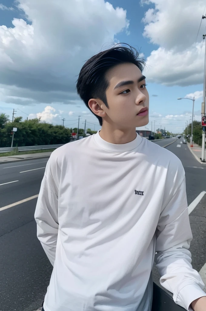 A young man in a shirt stood on the side of the road with a serious expression., looking into the distance，Eyebrows frowned.，He looked worried.，Turn your head slightly.，Cloudy day, coffee shop