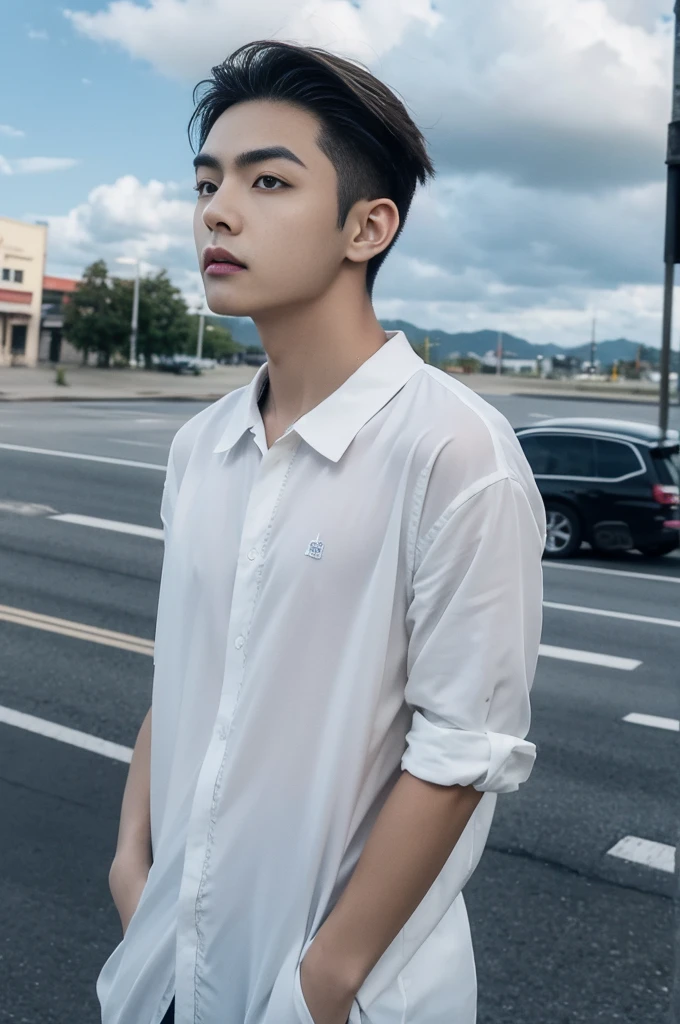 A young man in a shirt stood on the side of the road with a serious expression., looking into the distance，Eyebrows frowned.，He looked worried.，Turn your head slightly.，Cloudy day, coffee shop