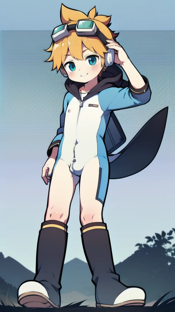 2D Boy Shota，One-piece mountaineering suit，Slim, healthy body，Put the headphones on your head，stand up，goggles，happy，Sailor collar，tie，Zipper pulled down，boots，hood，strap