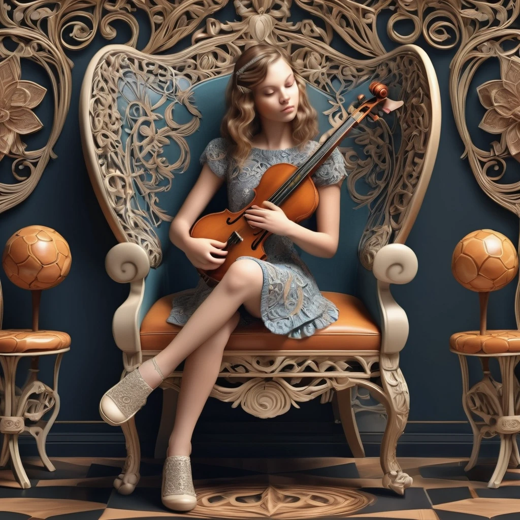 Stylized Pattern, Girl Sitting on Chair and Playing Instrument, Highly Detailed, Intricate, Photography, 3D
