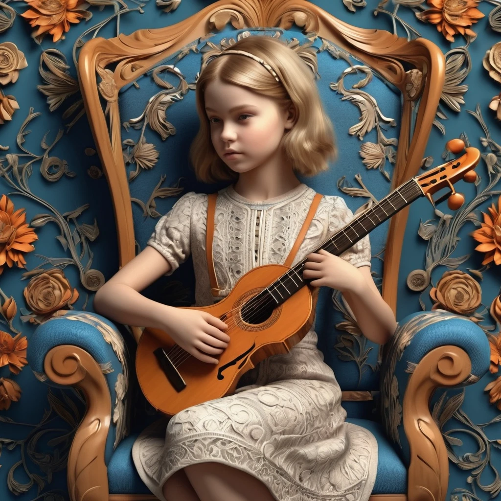 Stylized Pattern, Girl Sitting on Chair and Playing Instrument, Highly Detailed, Intricate, Photography, 3D