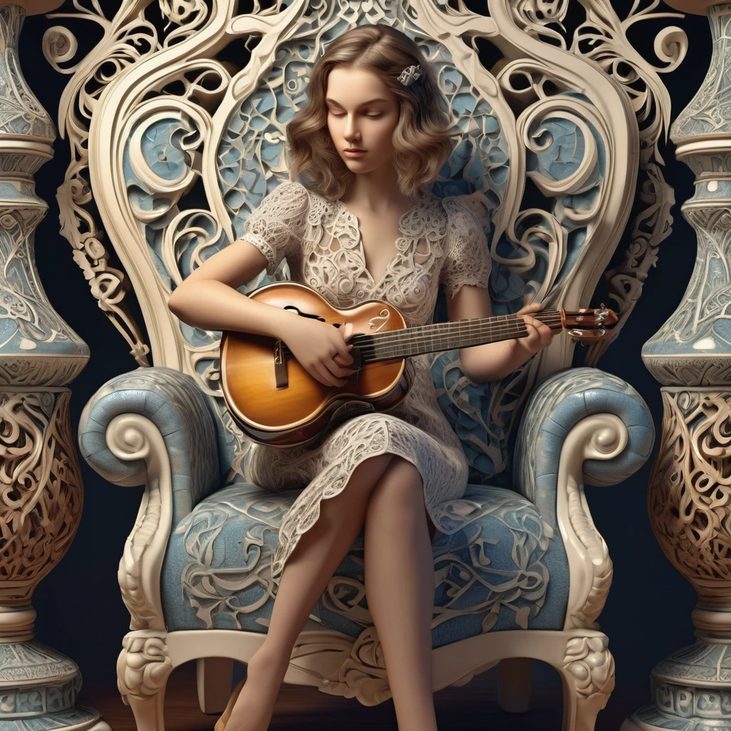 Stylized Pattern, Girl Sitting on Chair and Playing Instrument, Highly Detailed, Intricate, Photography, 3D